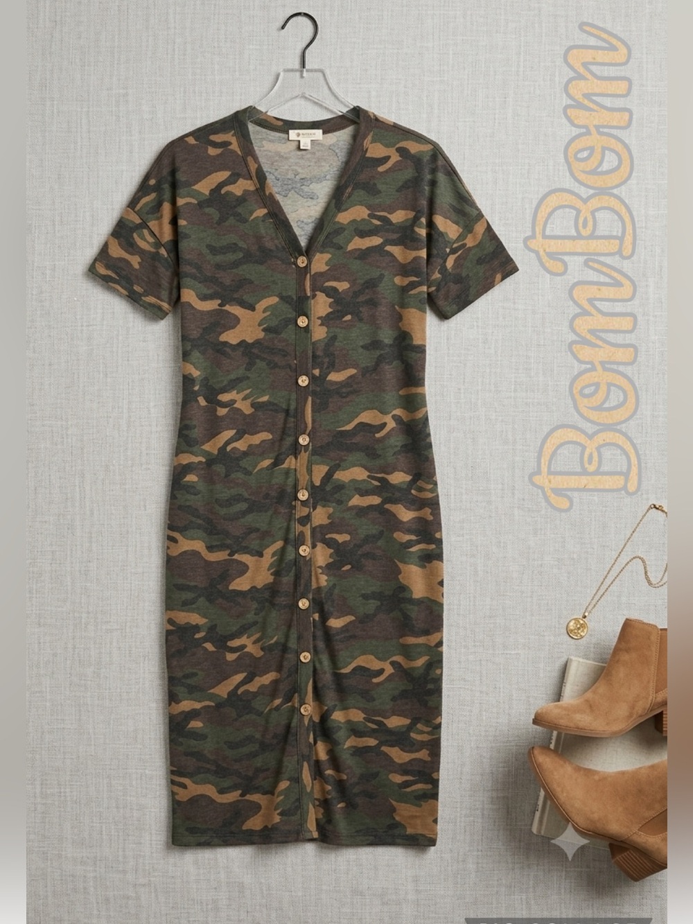 BomBom Camo Pullon non functional Button-Front Midi Camo Dress Size: L-XL NWOT